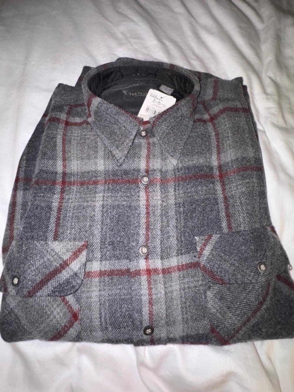 Van Heusen Gray Plaid Button-Down Shirt with Red Accents